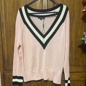 HAODUOYI Pink V-Neck Sweater with Black and White Trim